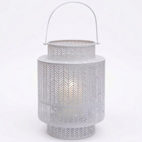 White hanging candle holder lantern with glass panels and metal frame, ideal for decorative outdoor or indoor lighting.