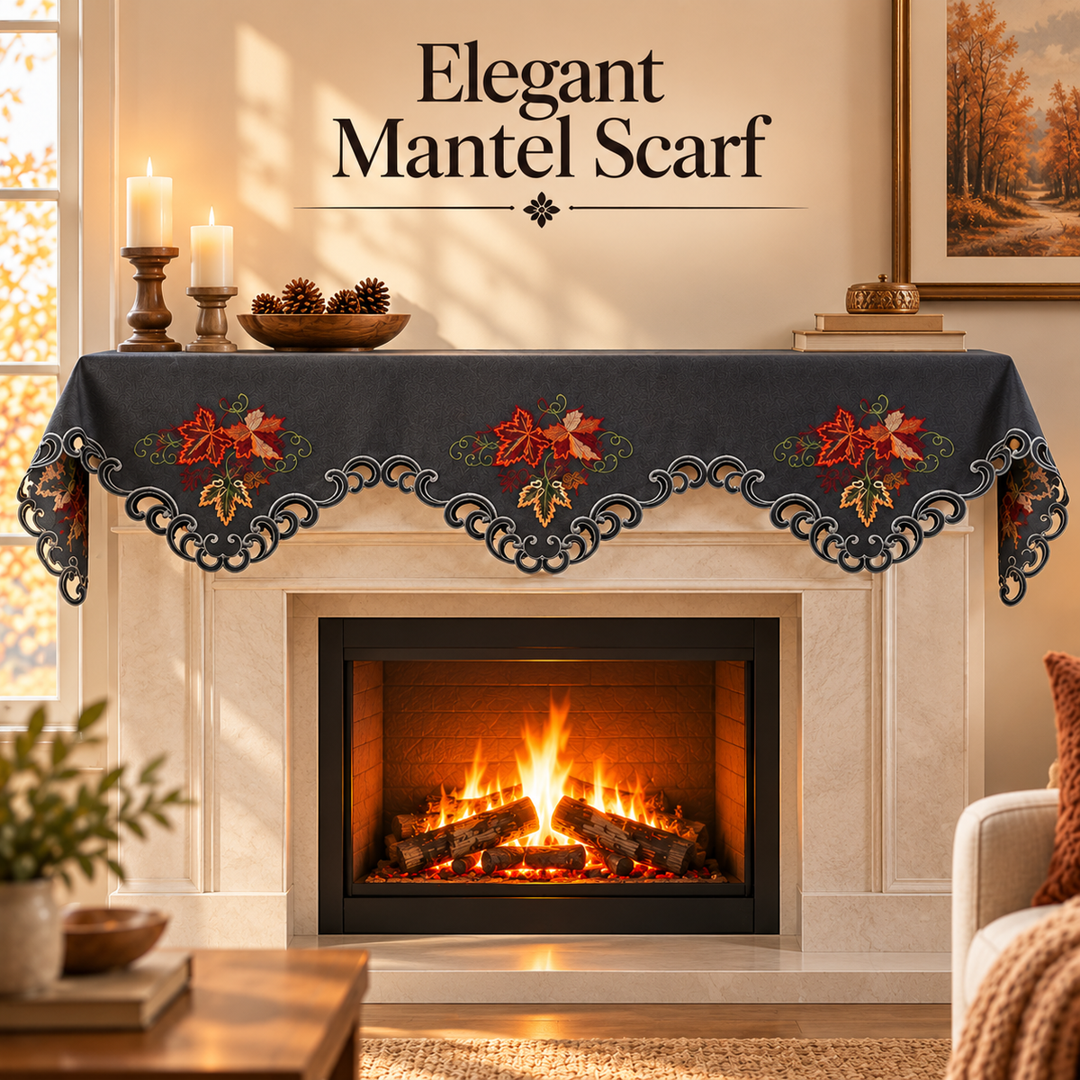 Gray Mantel Scarf – Fleur, 18x90 Inch
