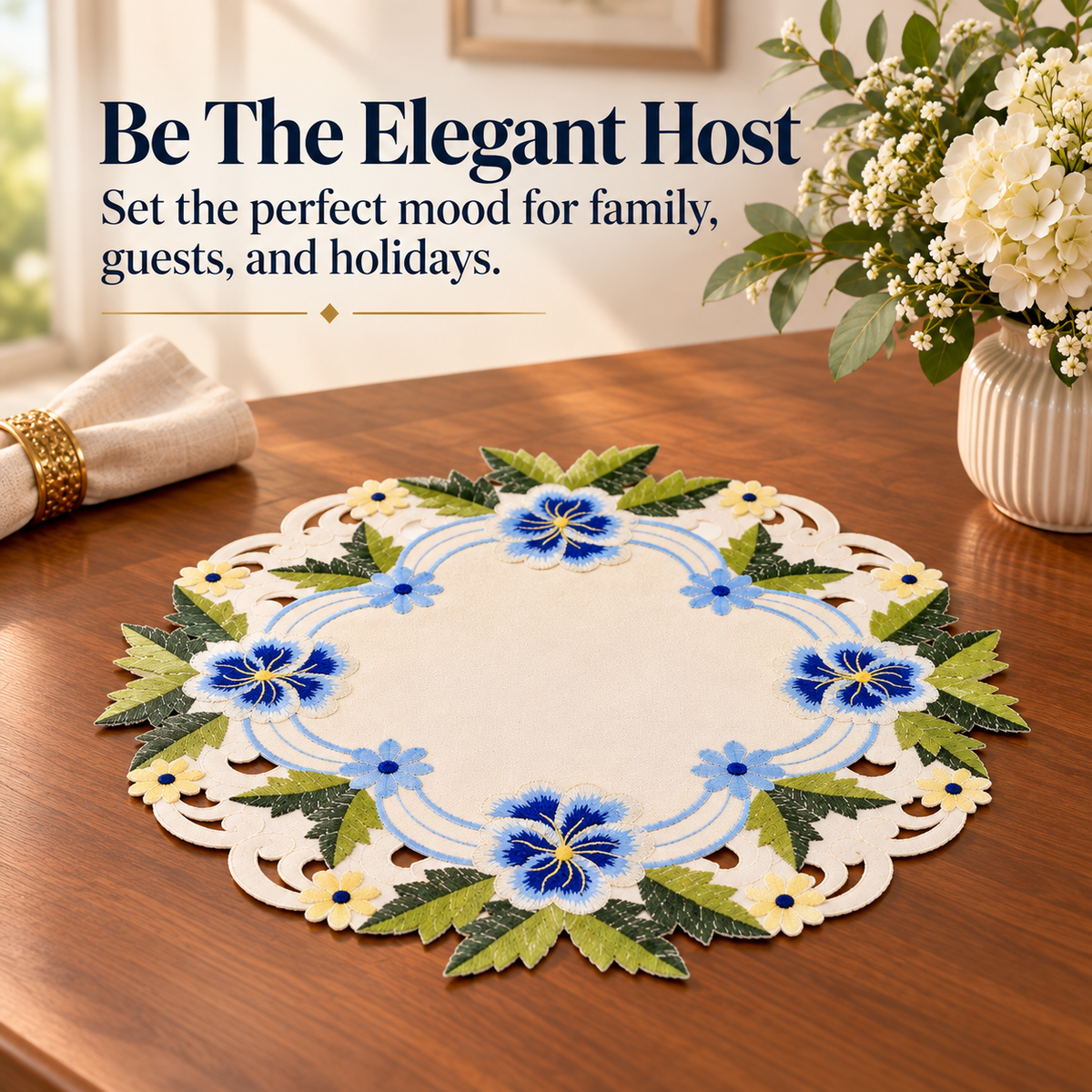 Linen Round Placemats – Embroidered Doilies, Lace & European Embroidery, 15 Inch