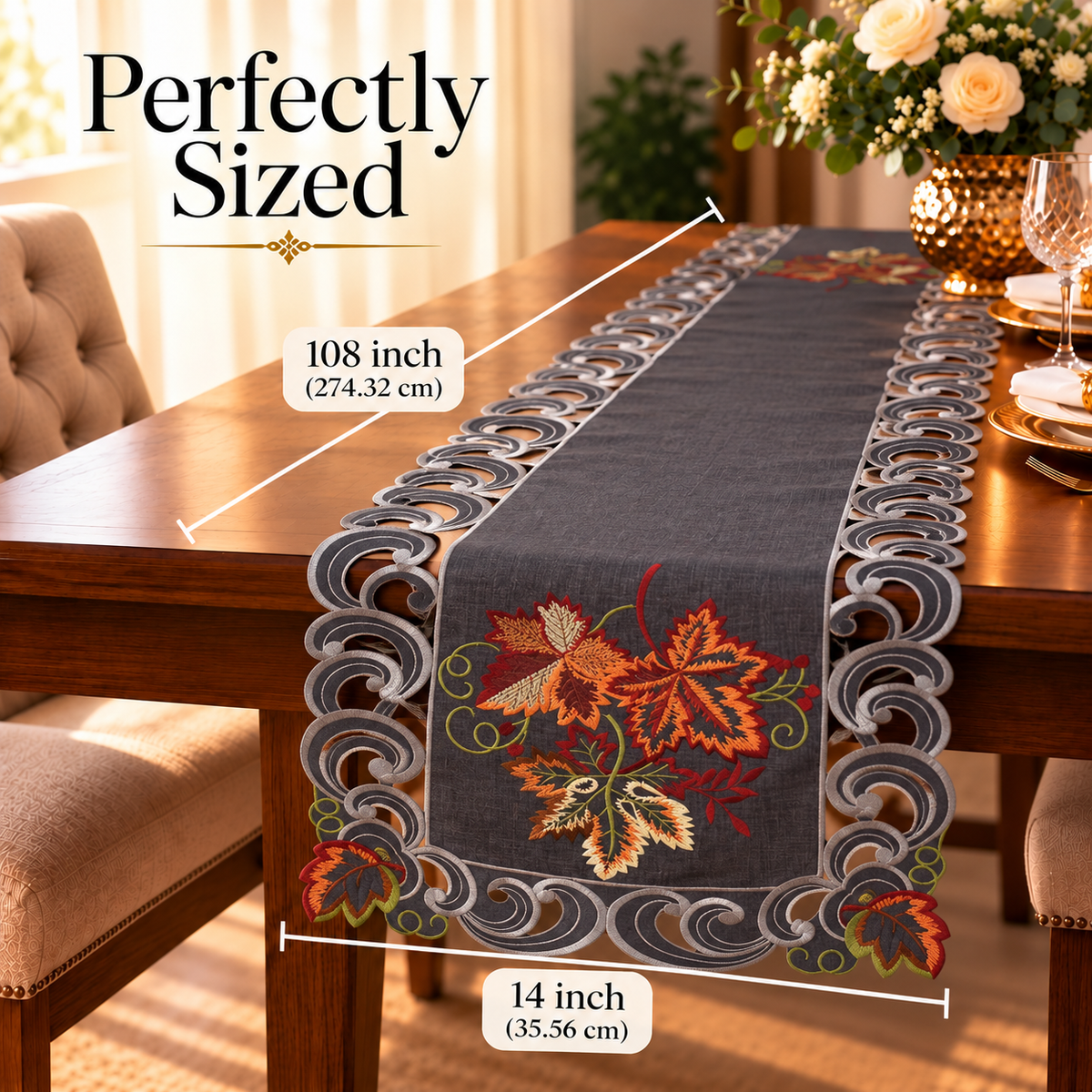 Gray Table Runner – Fleur, 14x108 Inch