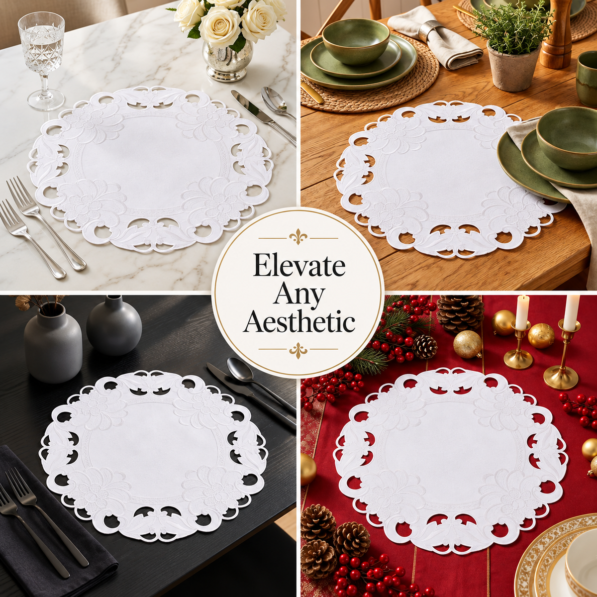 Round Linen Placemats – Elegant 15 Inch Embroidered Doilies for Dining Table Decor