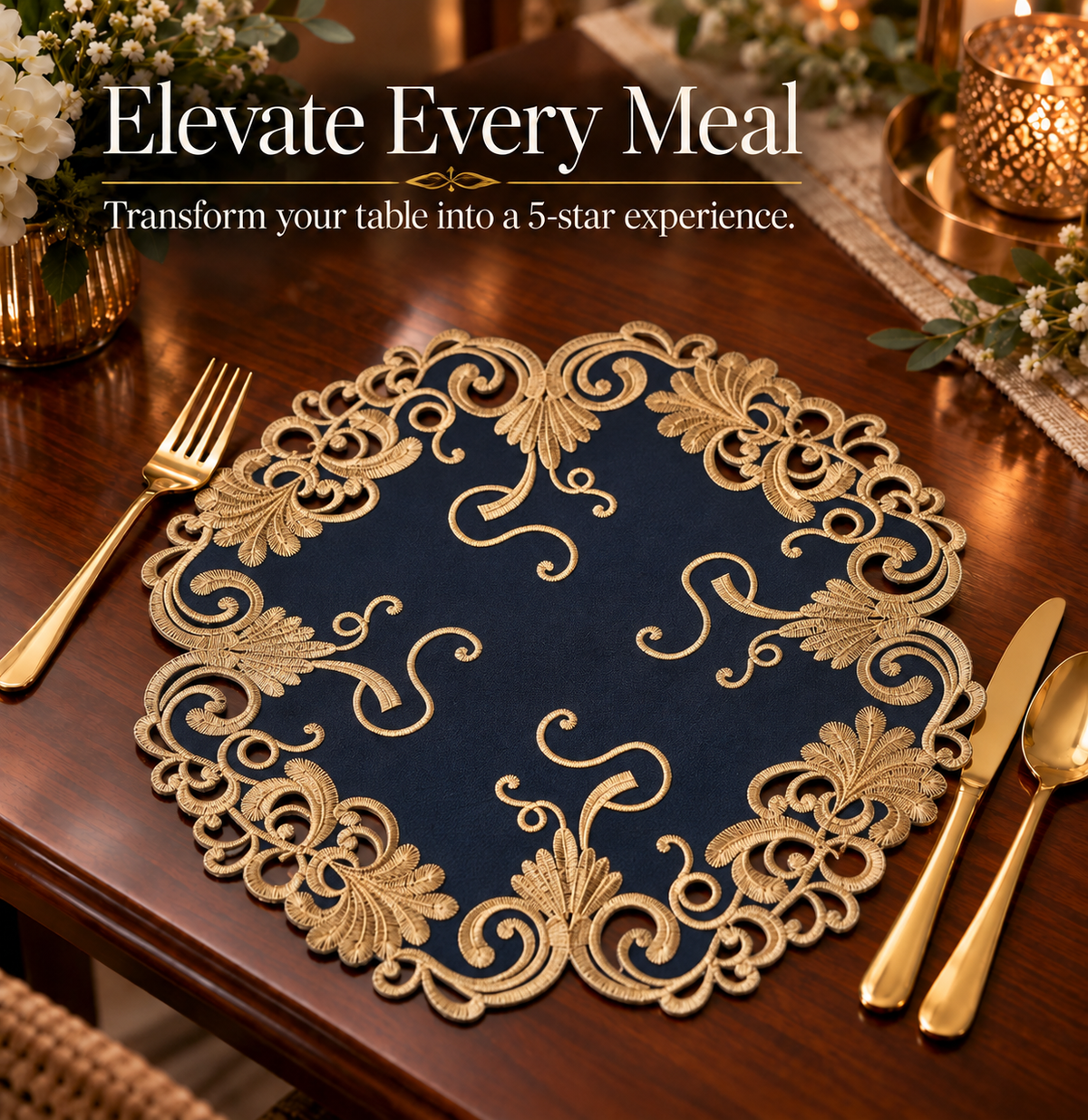 Round Placemats – Vintage Style Linen Doilies with Blue Lace Embroidery, 15 Inch