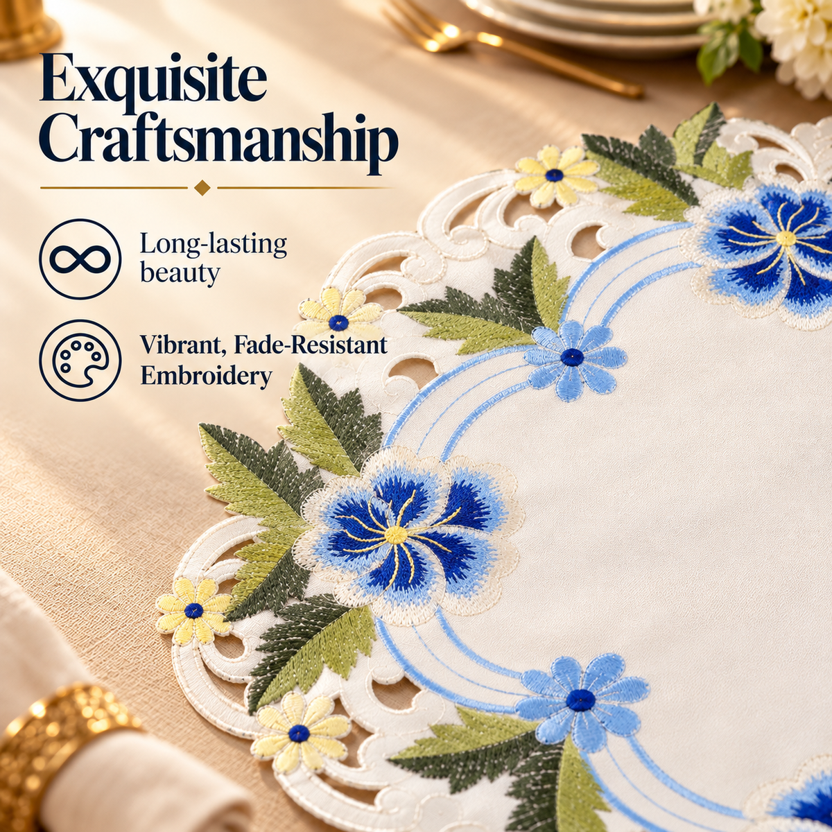 Linen Round Placemats – Embroidered Doilies, Lace & European Embroidery, 15 Inch