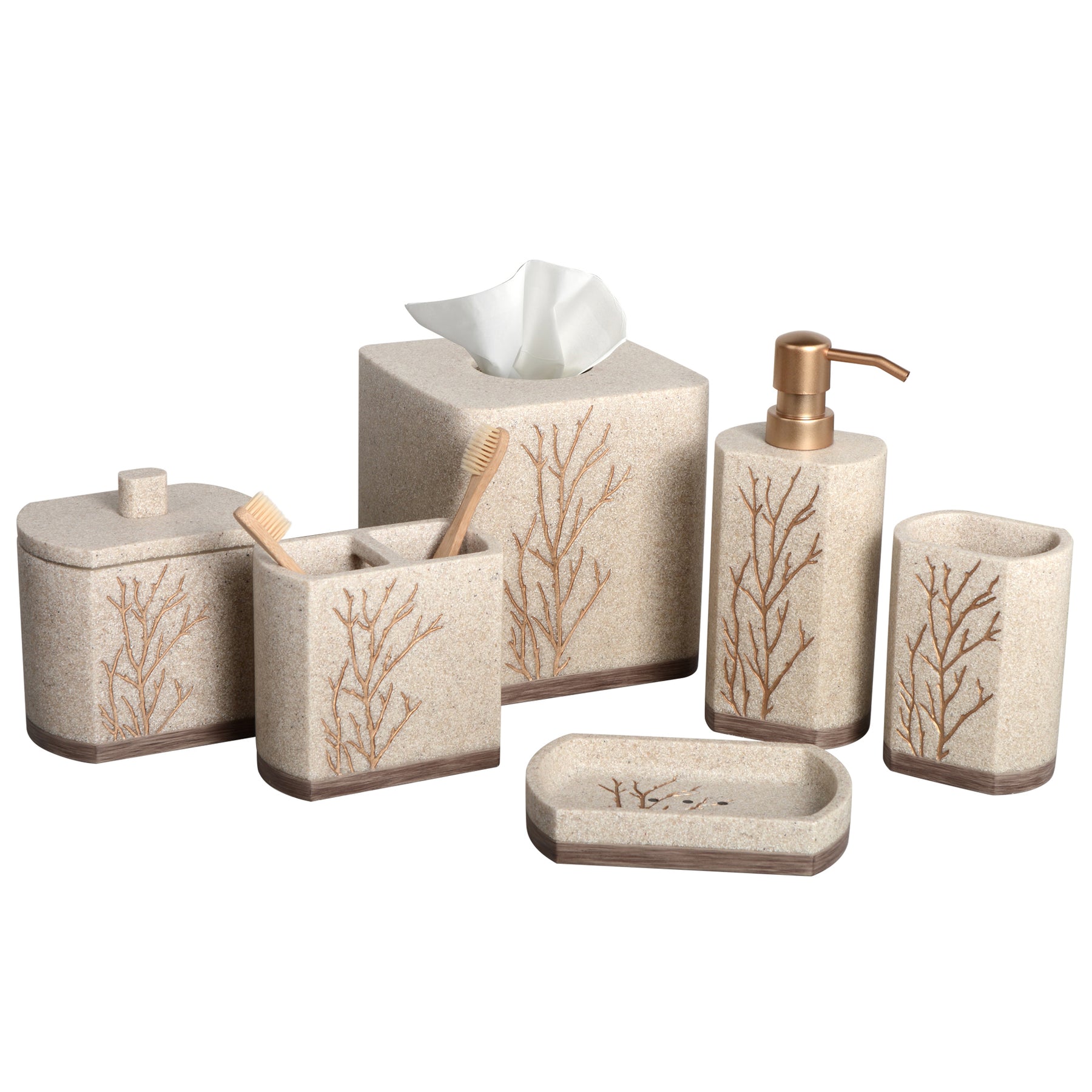 Decozen Bathroom Accessories Set – Soap Dispenser, Toothbrush Holder, Tumbler, Soap Dish, Cotton Swab Jar & Toilet Brush – Modern Bathroom Decor Set (Kent) 6 pcs