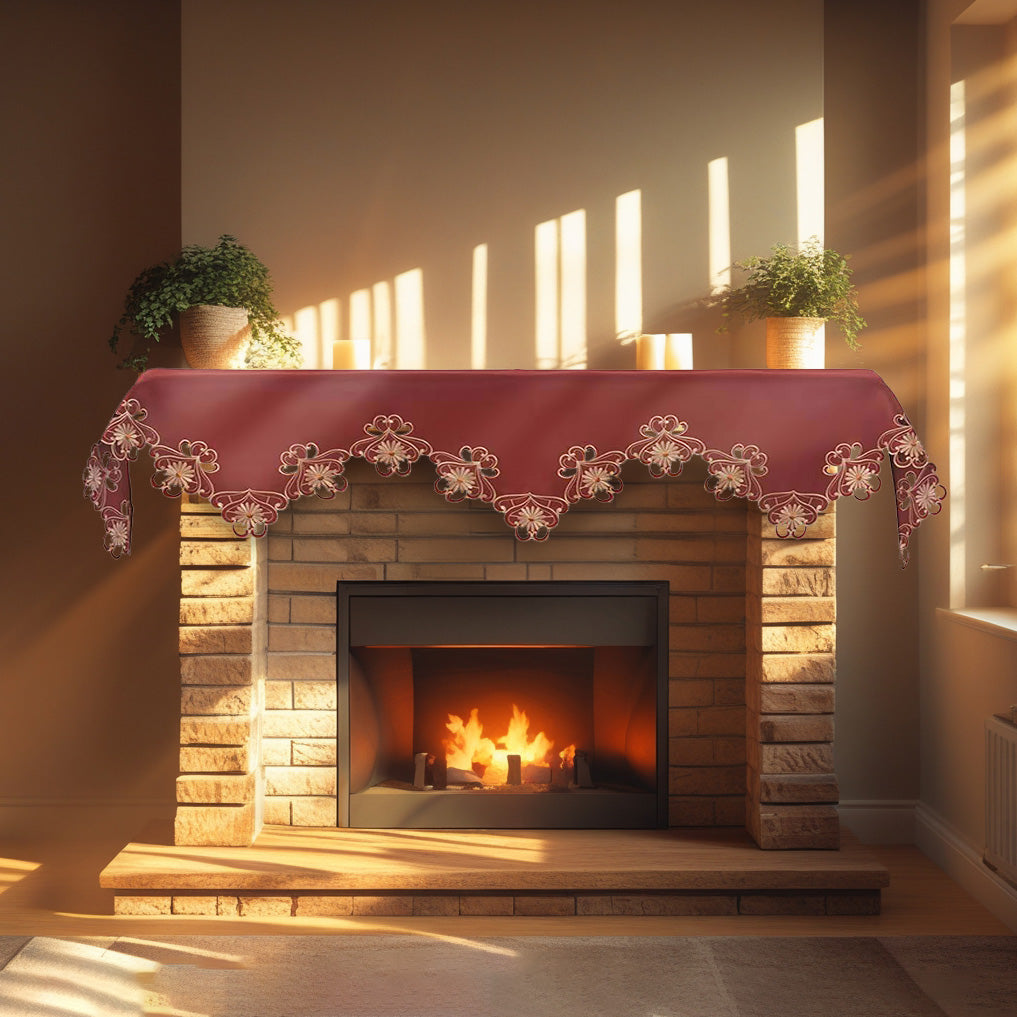 Gold Lace Red Mantel Scarf Cover - Intricate Cutouts Embroidery for Fireplace Kitchen Dining Room Home Decor - 18 x 90 inches - The Imperial Red Collection