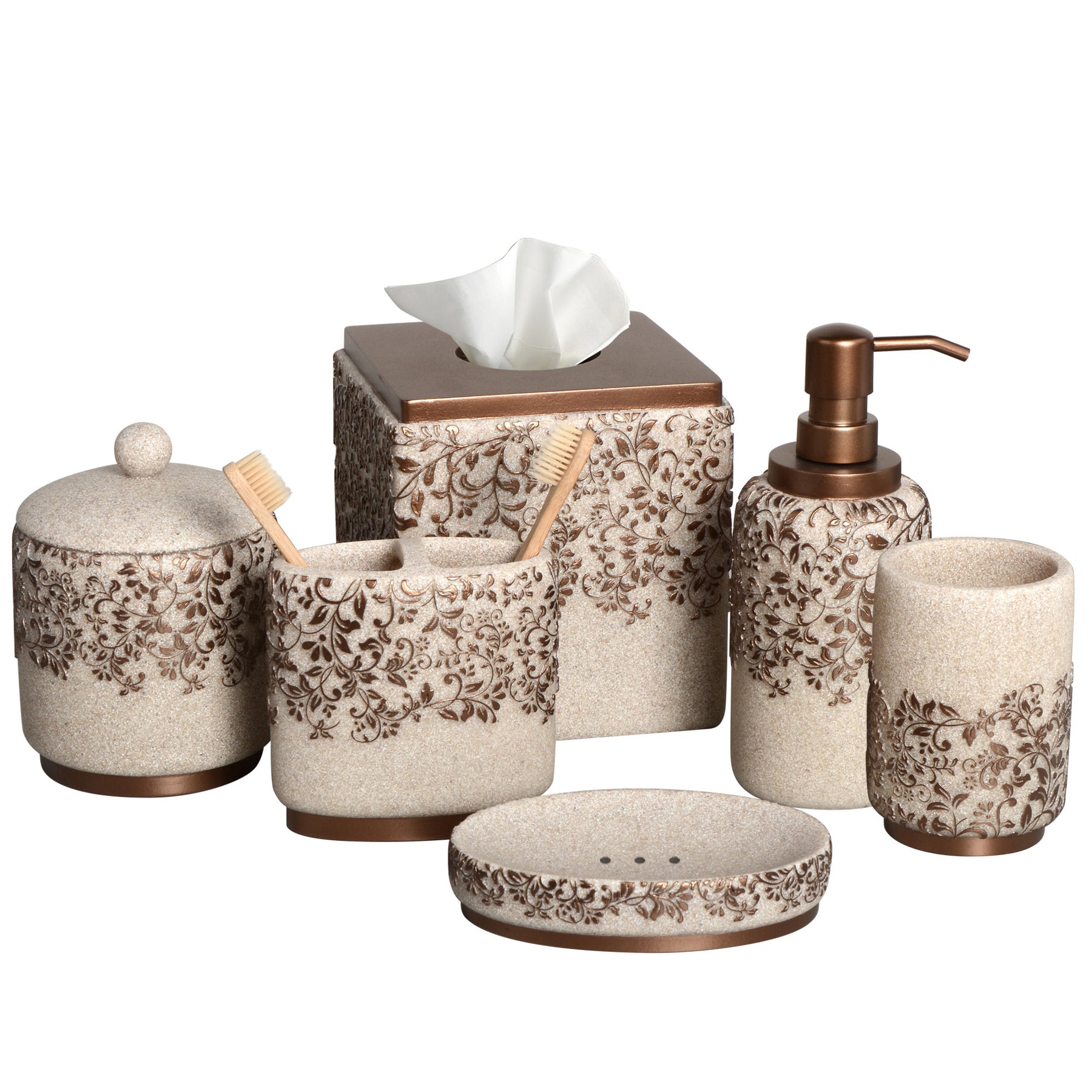 Decozen Bathroom Accessories Set - 6-Piece Modern Bathroom Decor, Countertop Essentials with Soap Dispenser - Birthday Gifts, Beige