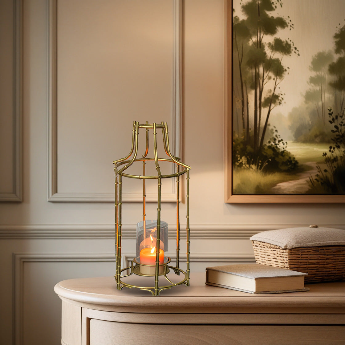 Gold Metal Frame and Glass Candle Holder Lantern