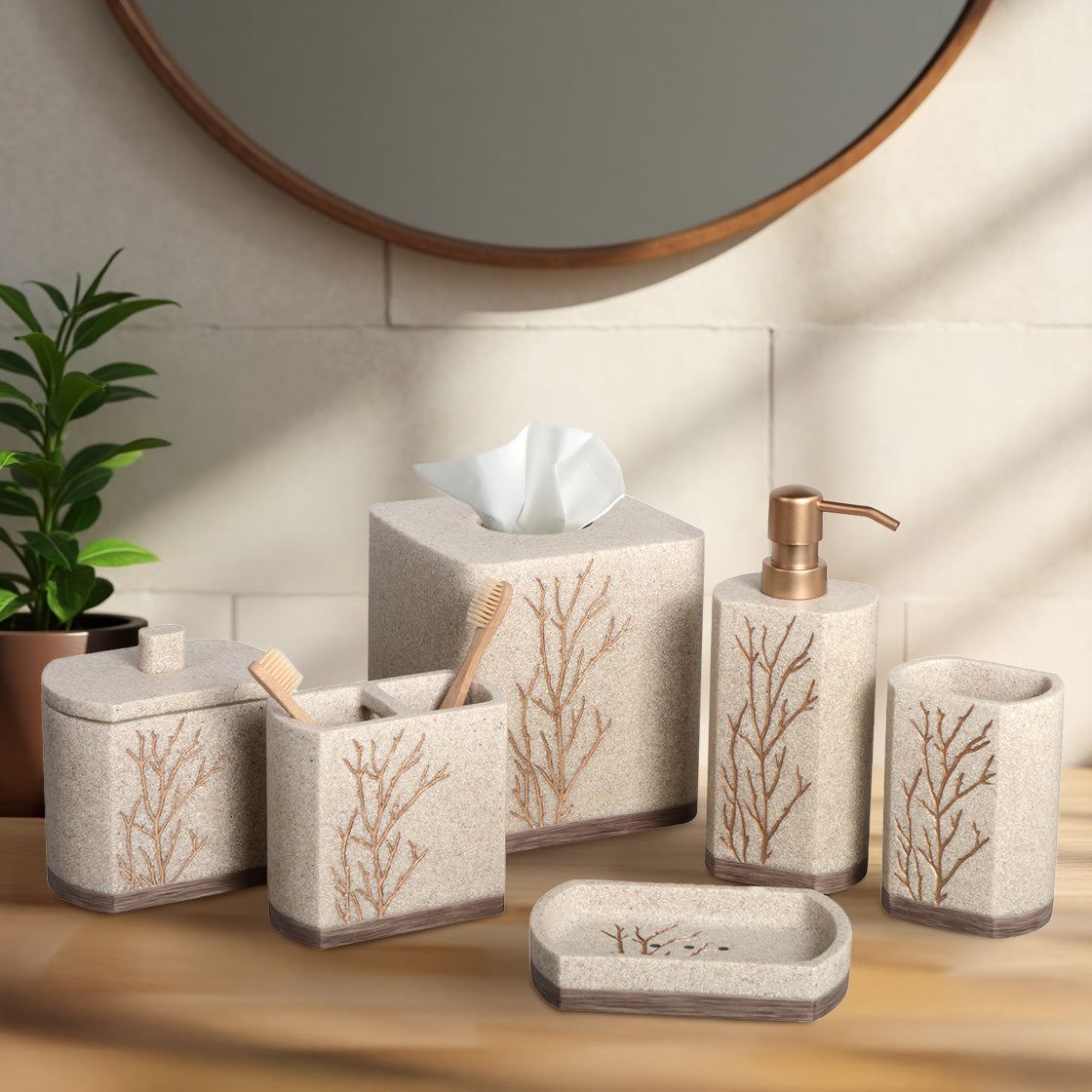 Decozen Bathroom Accessories Set – Soap Dispenser, Toothbrush Holder, Tumbler, Soap Dish, Cotton Swab Jar & Toilet Brush – Modern Bathroom Decor Set (Kent) 6 pcs