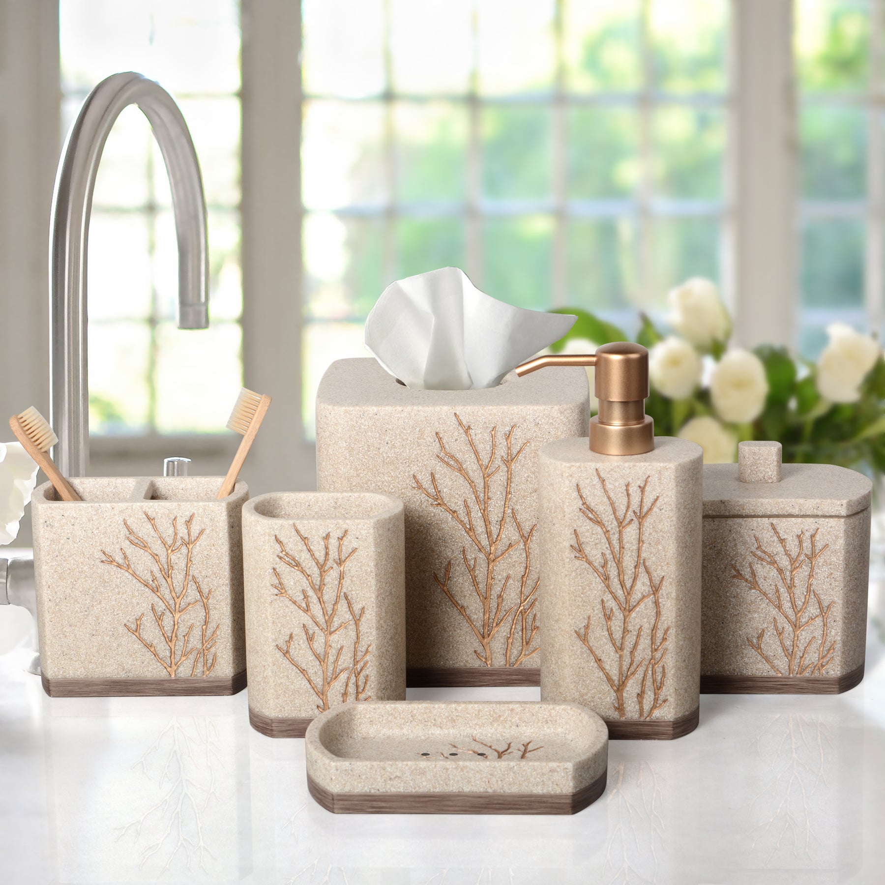 Decozen Bathroom Accessories Set – Soap Dispenser, Toothbrush Holder, Tumbler, Soap Dish, Cotton Swab Jar & Toilet Brush – Modern Bathroom Decor Set (Kent) 6 pcs