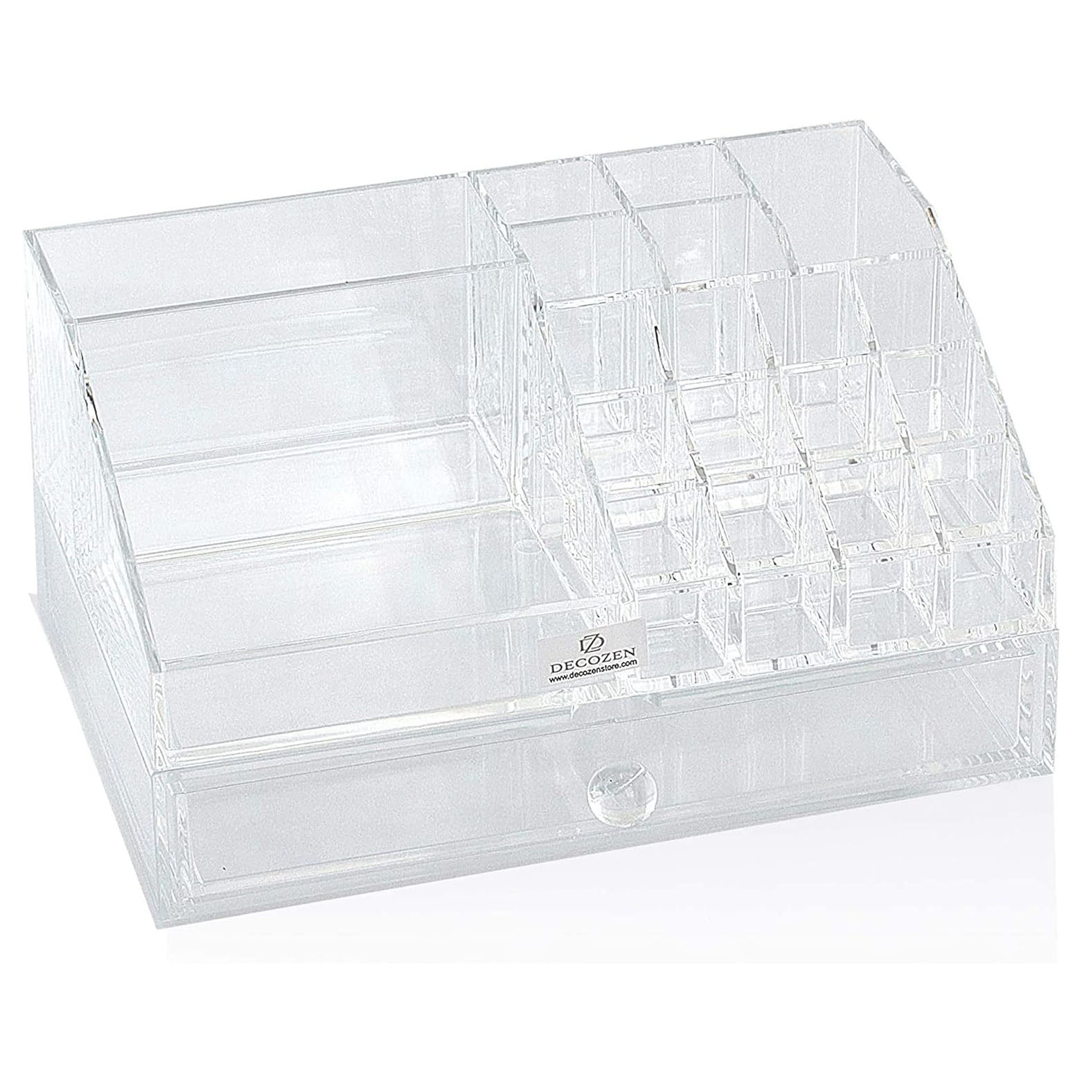 Clear F1267 makeup organizer with 19 slots and 1 drawer, ideal for storing cosmetics and beauty products.