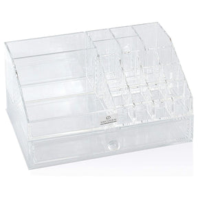 Clear F1267 makeup organizer with 19 slots and 1 drawer, ideal for storing cosmetics and beauty products.