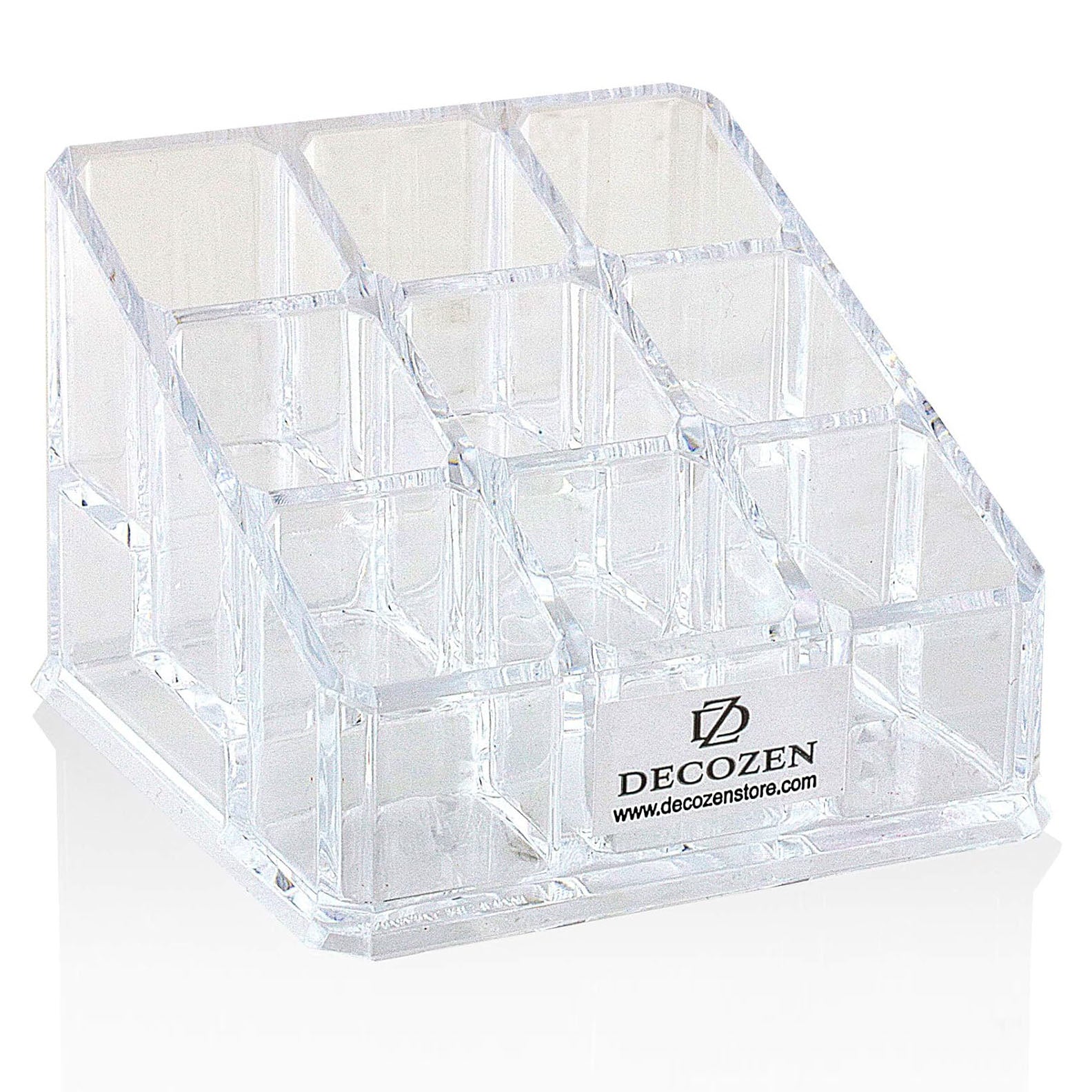 F1110 clear makeup organizer with 9 slots, perfect gift for mom, showcasing various makeup items stored inside.