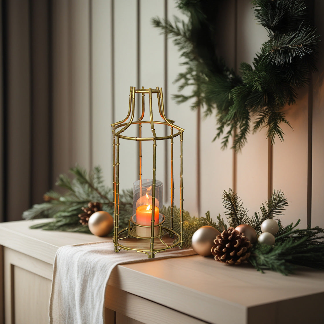 Gold Metal Frame and Glass Candle Holder Lantern