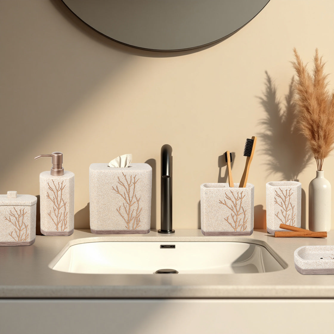 Decozen Bathroom Accessories Set – Soap Dispenser, Toothbrush Holder, Tumbler, Soap Dish, Cotton Swab Jar & Toilet Brush – Modern Bathroom Decor Set (Kent) 6 pcs