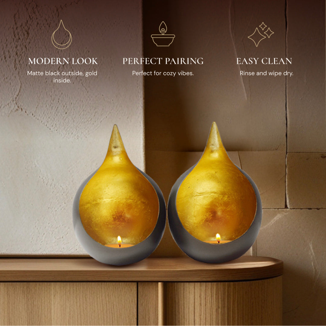 Gold and Black Tea-Light Candle Holders - Set of 2