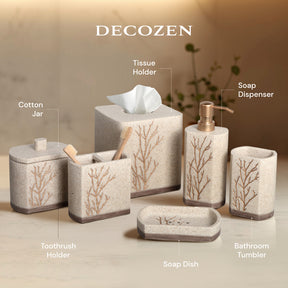 Decozen Bathroom Accessories Set – Soap Dispenser, Toothbrush Holder, Tumbler, Soap Dish, Cotton Swab Jar & Toilet Brush – Modern Bathroom Decor Set (Kent) 6 pcs