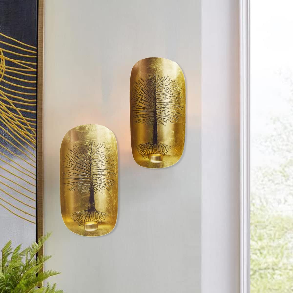 Gold Wall Candle Sconces with Tree of Life Design - Set of 2
