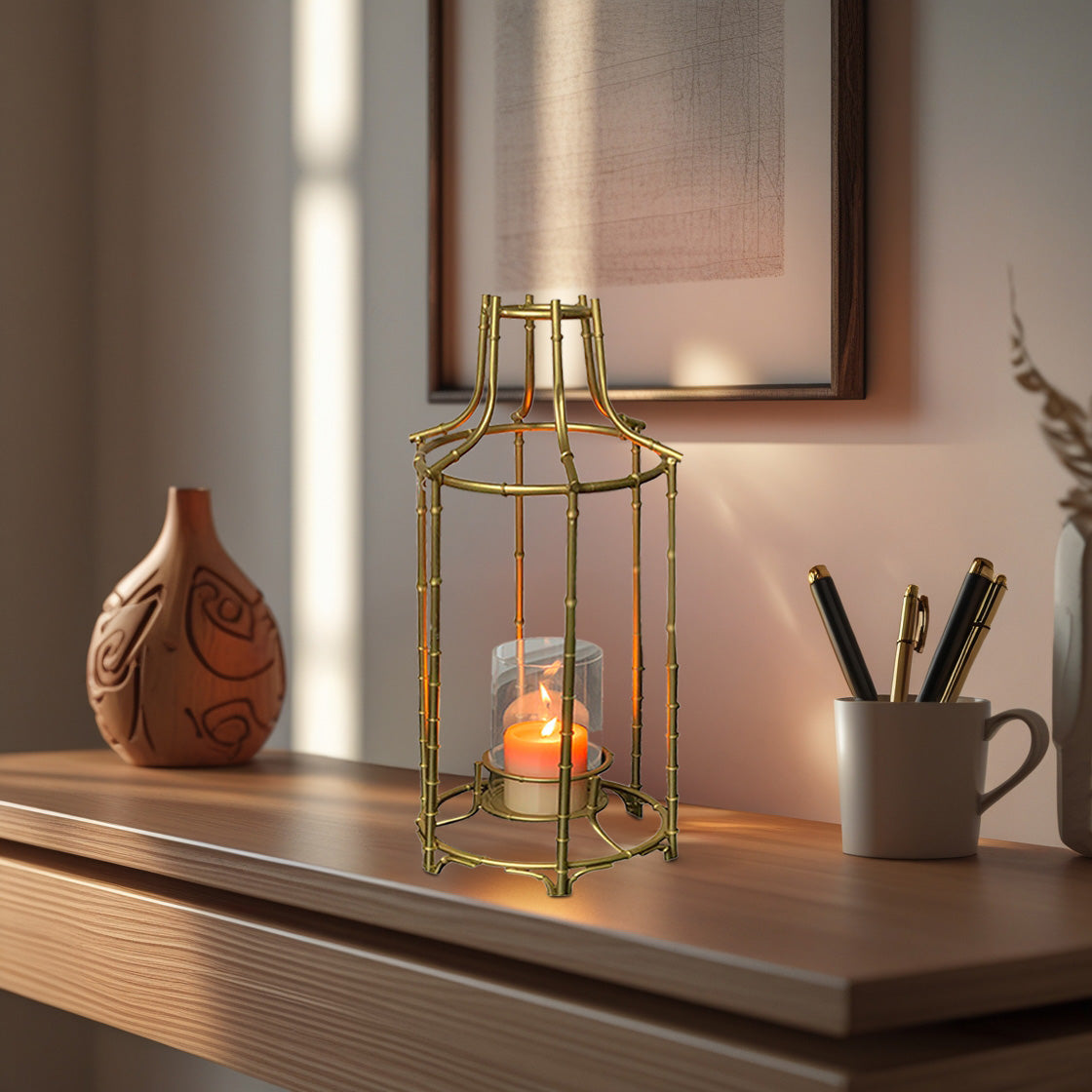 Gold Metal Frame and Glass Candle Holder Lantern