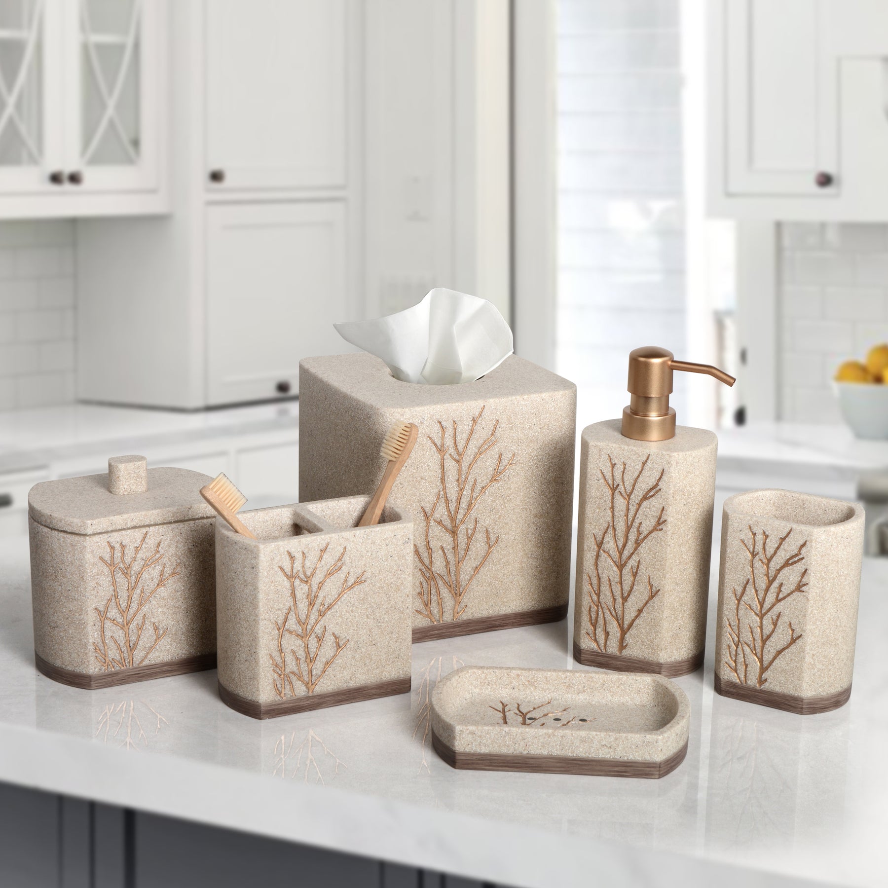 Decozen Bathroom Accessories Set – Soap Dispenser, Toothbrush Holder, Tumbler, Soap Dish, Cotton Swab Jar & Toilet Brush – Modern Bathroom Decor Set (Kent) 6 pcs