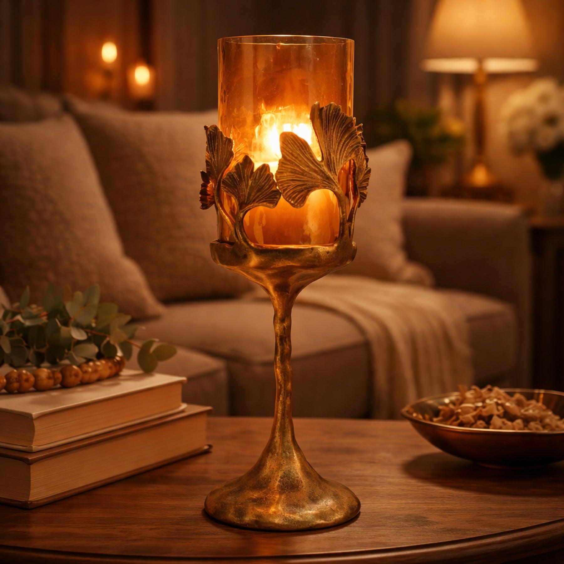 Gold finished candle holder with glass insert, elegant candle holder from 1217097 showcasing a sleek design.