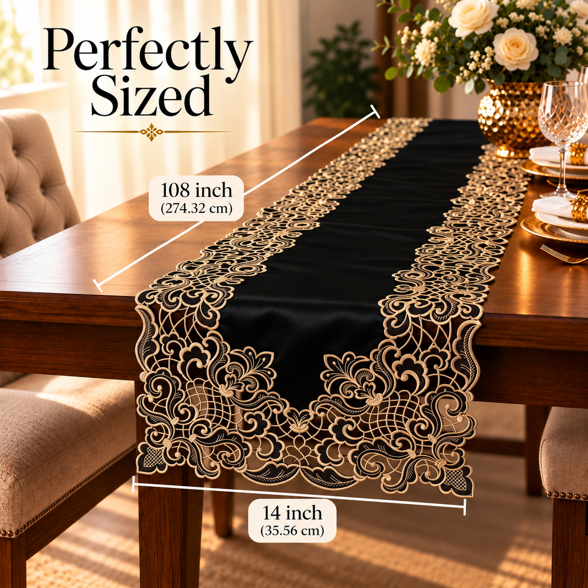 Black Gold Table Runner – Noir Luxe, 14x108 Inch