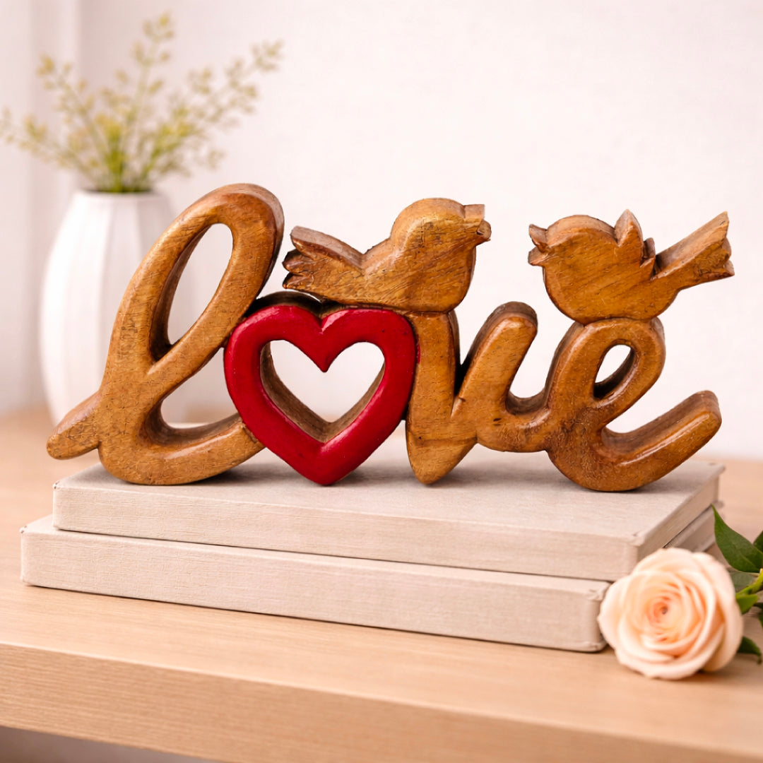 Hand-carved wooden sculpture titled Amber Affection by LAY016, showcasing intricate craftsmanship in handmade wooden décor.