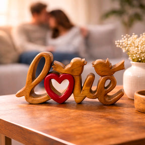 Hand-carved wooden sculpture titled Amber Affection, a handmade decorative wooden décor piece by LAY016 for home art display.