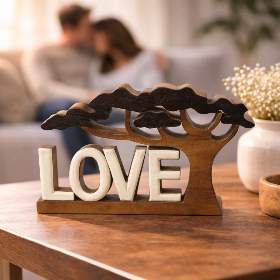 Hand-carved wooden sculpture from Elmija Enduring Love collection, decorative wooden décor art by LAY020.