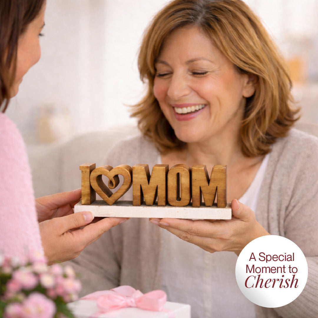 Hand-carved wooden sculpture of a mother, part of Forever Mom décor by LAY023, showcasing detailed craftsmanship and natural wood finish.