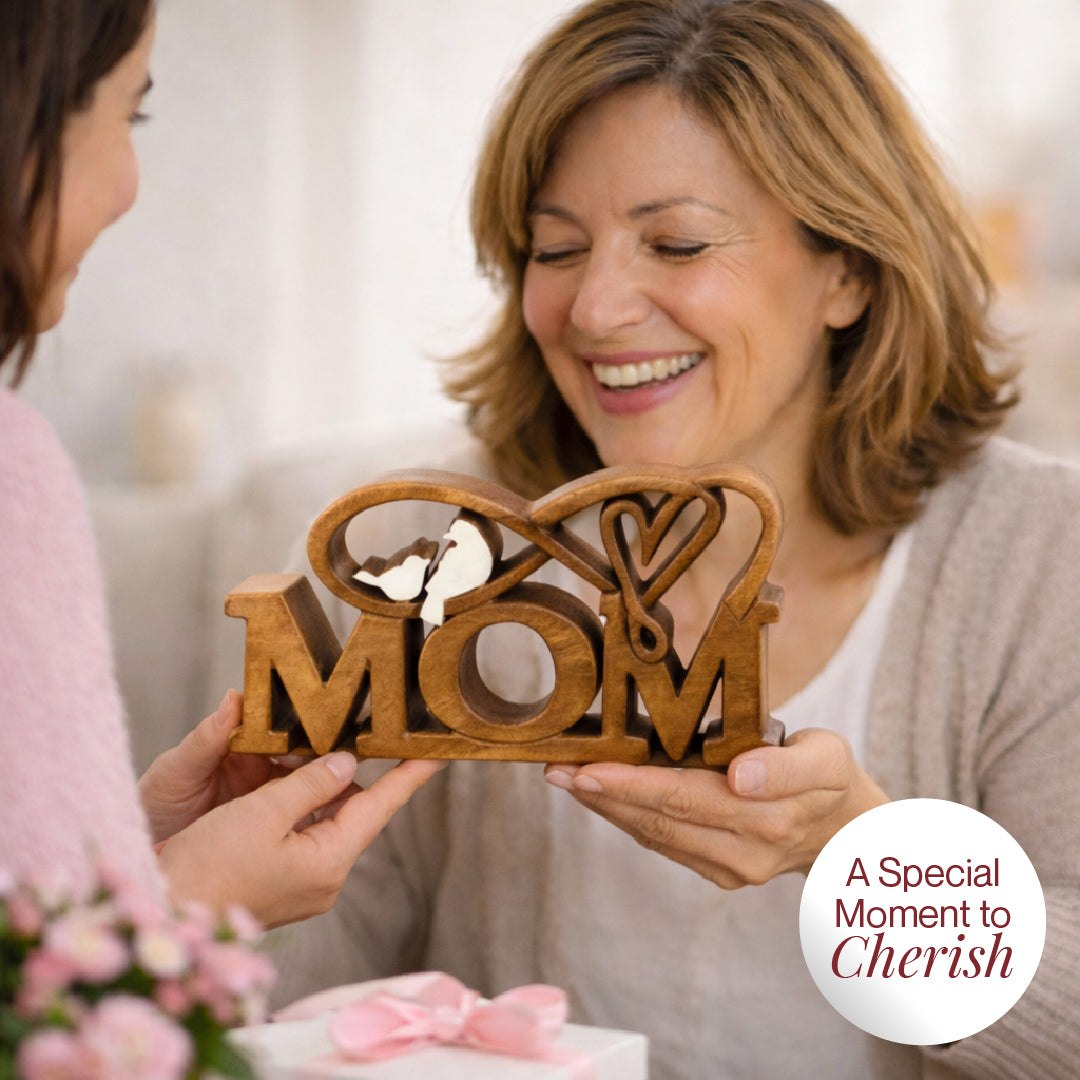 Hand-carved wooden sculpture titled "Best Mom Ever" by LAY025, featuring artistic wooden décor for Mother's Day gift.