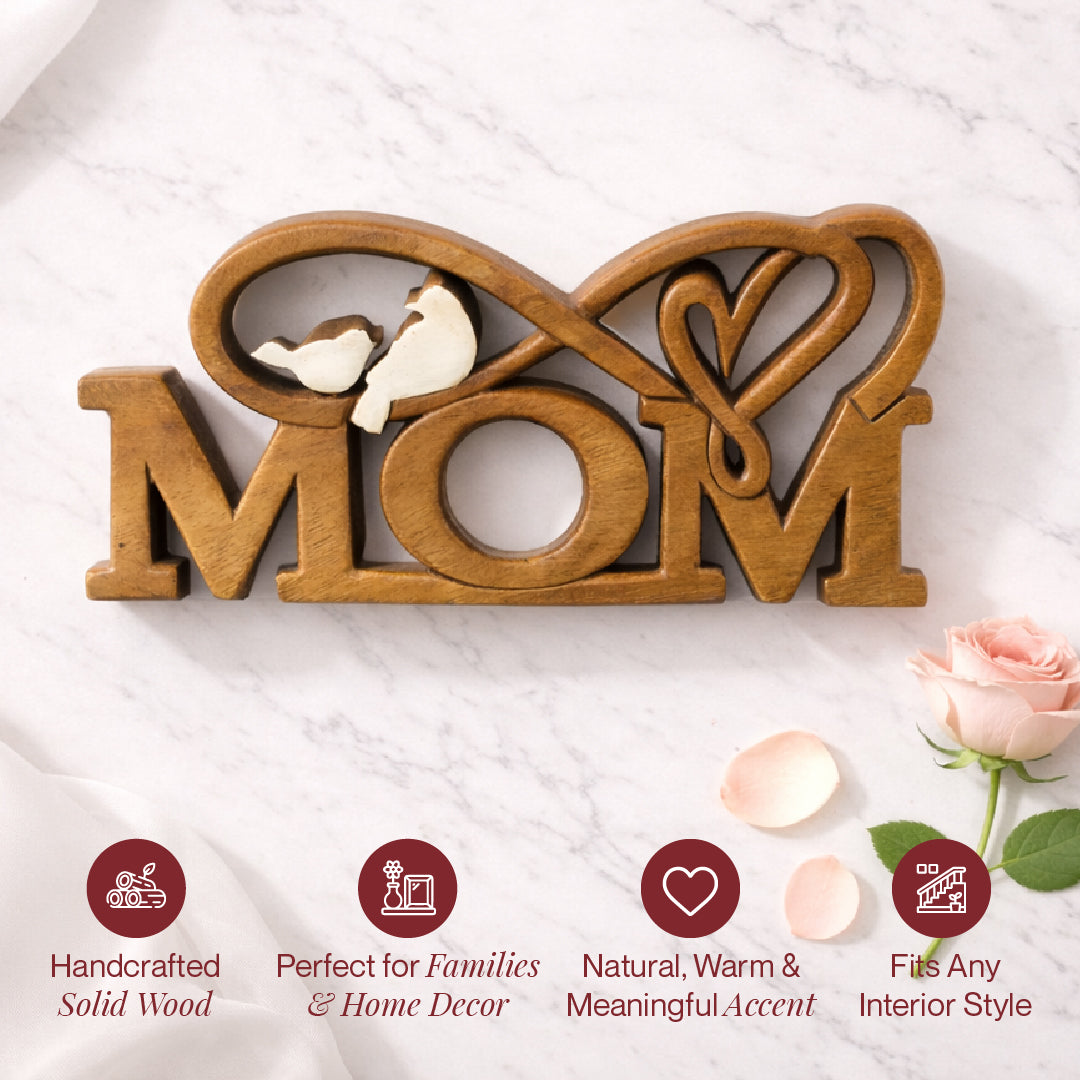 Hand carved wooden sculpture titled "Best Mom Ever" from LAY025, decorative wooden décor celebrating mothers.