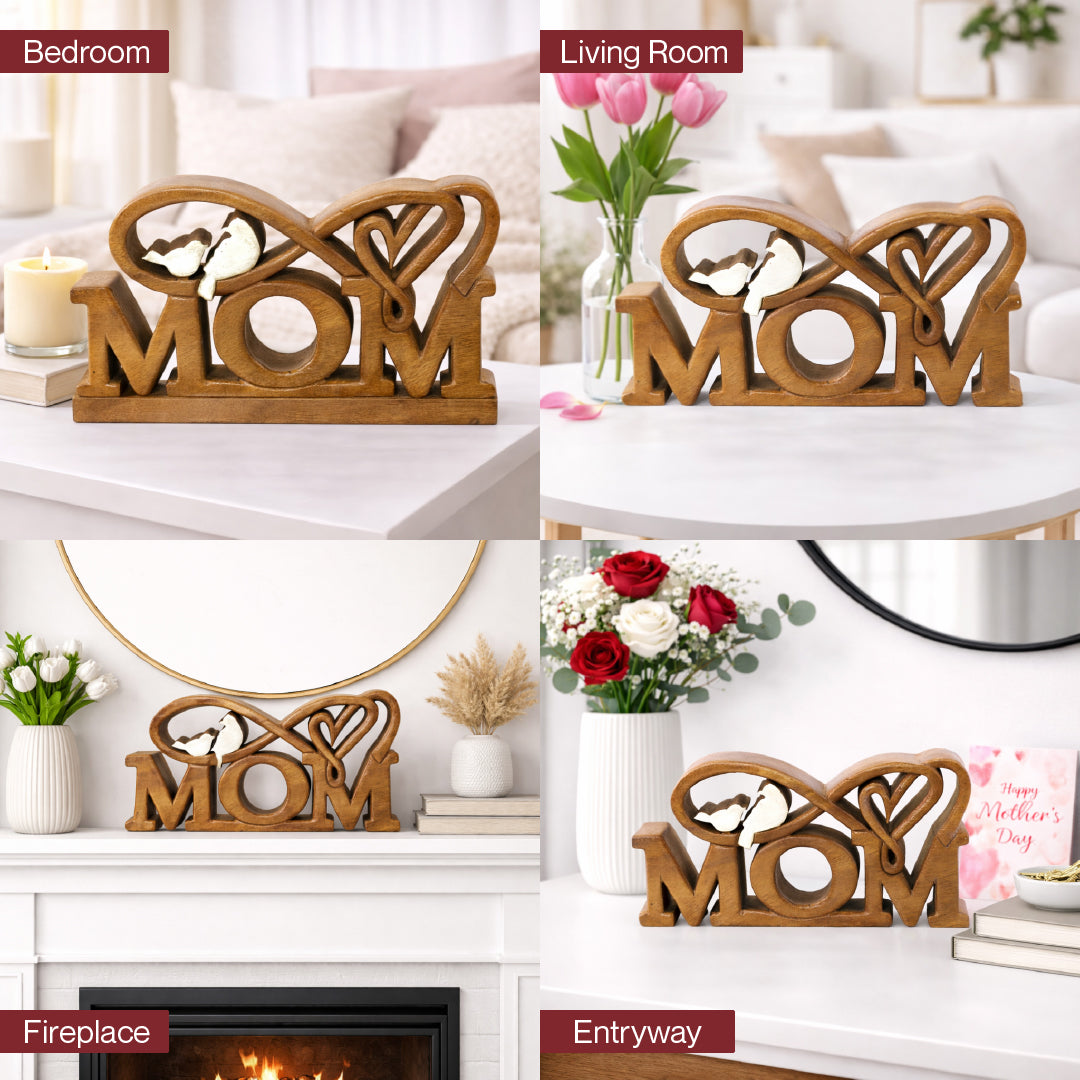 Hand carved wooden sculpture titled "Best Mom Ever" by LAY025, featuring artistic decorative wooden décor for Mother's Day.