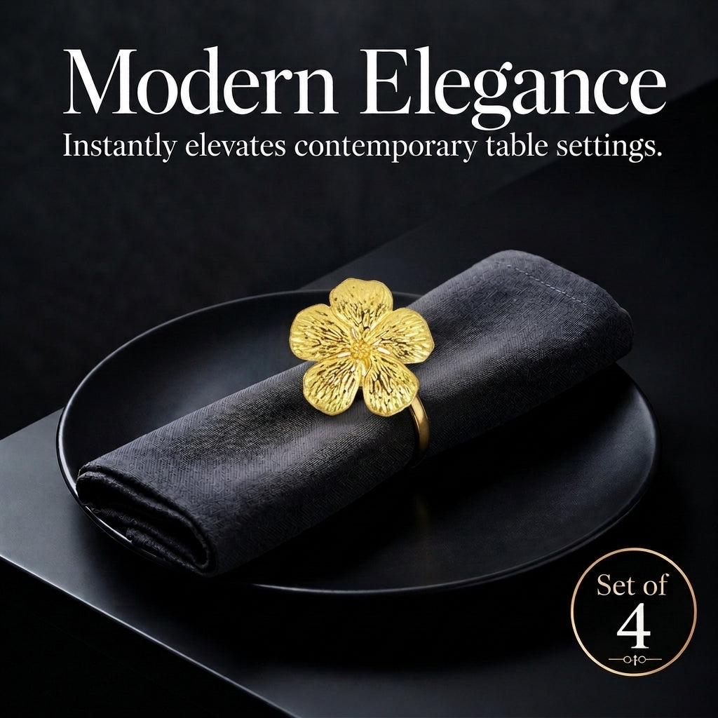 Set of 4 Gold Floral Napkin Rings – Golden Elegance