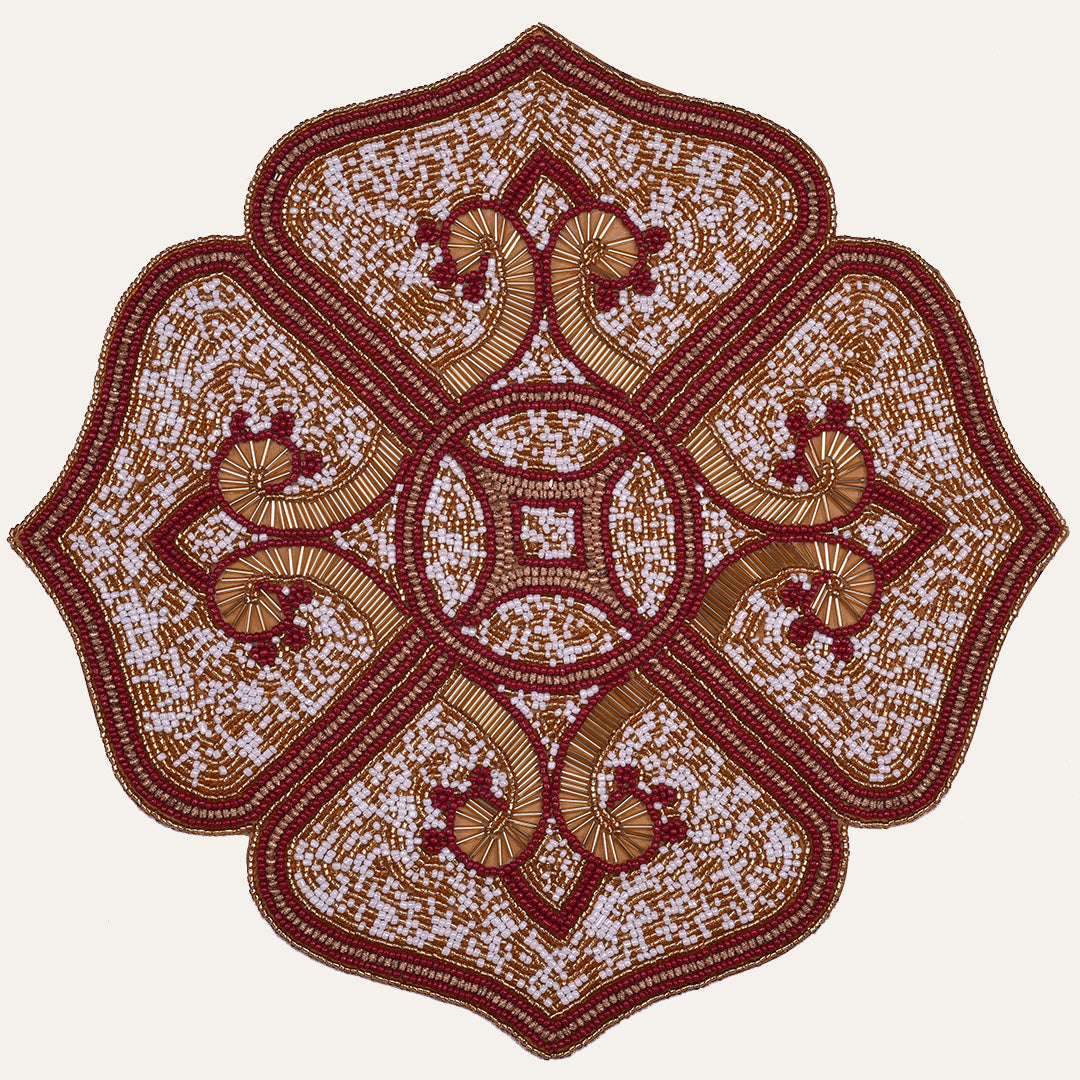 Crimson Frost – Beaded Placemats in Gold Red White, Elegant Decorative Dining Table Décor 15 inch
