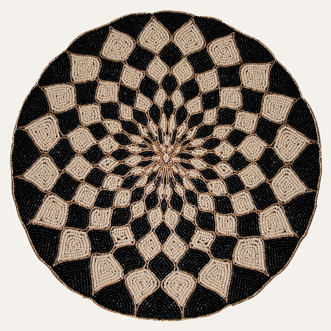 Ebony Drift – Round Beaded Placemats in Black Beige, Luxurious Decorative Dining Table Accent 14 inch