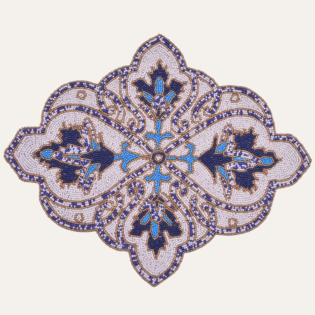 Marine Frost – Beaded Placemats in Blue White, Artistic Decorative Dining Table Accent 15x19 inch
