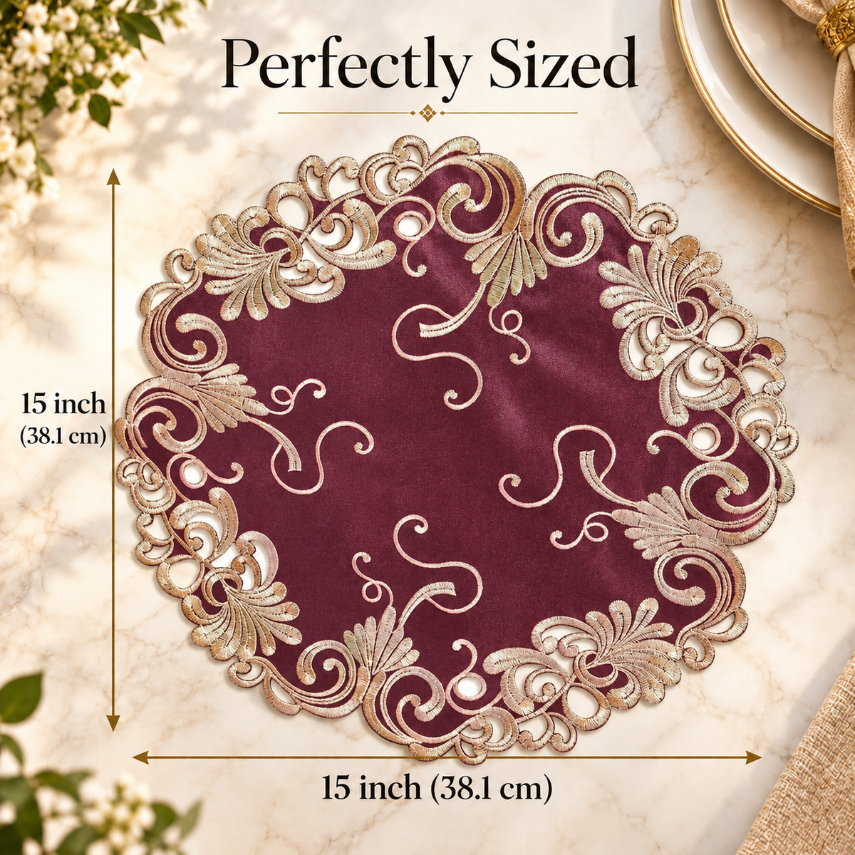 Lace Doilies – Premium Linen Fabric Doilies with Intricate Embroidery, 15 Inch Table Decor