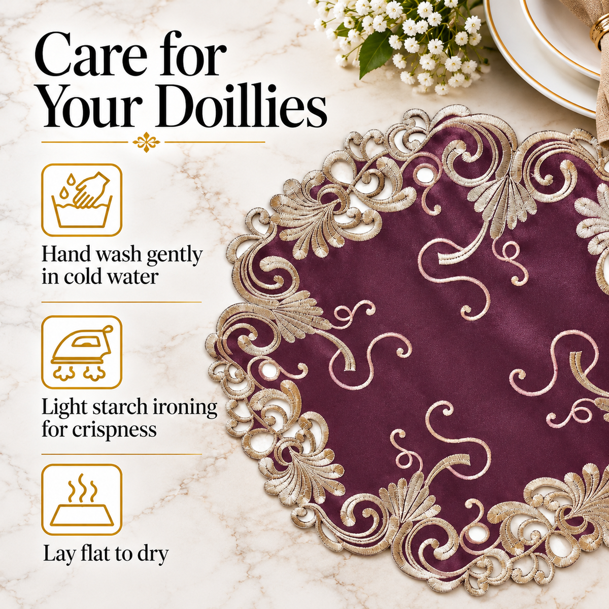 Lace Doilies – Premium Linen Fabric Doilies with Intricate Embroidery, 15 Inch Table Decor