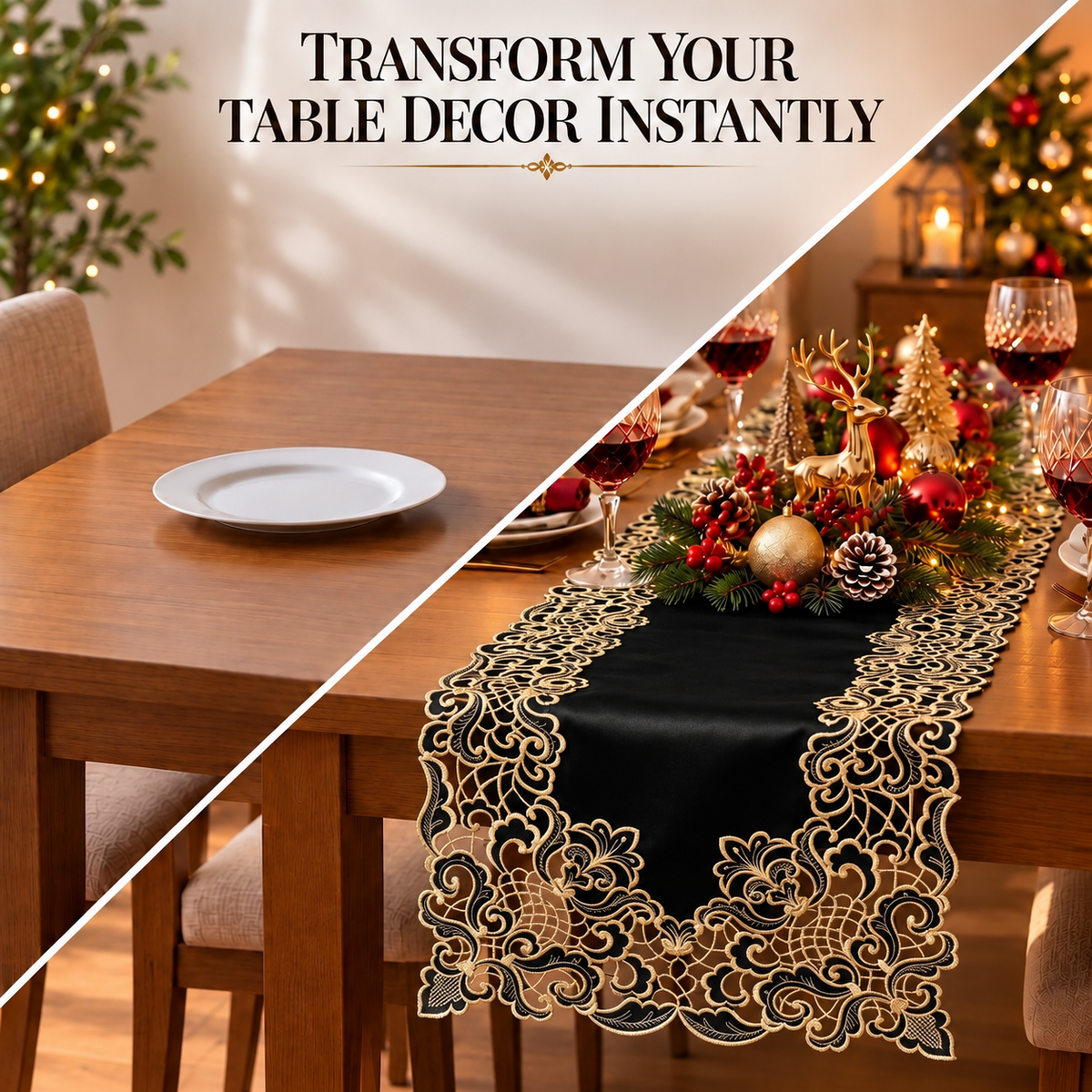 Black Gold Table Runner – Noir Luxe, 14x108 Inch