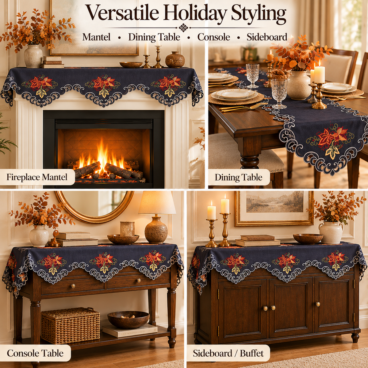 Gray Mantel Scarf – Fleur, 18x90 Inch