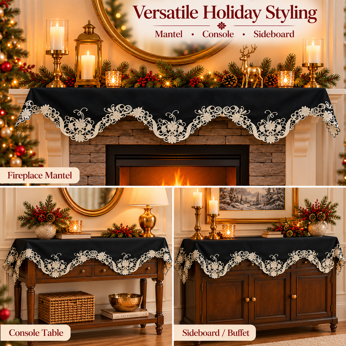 Black Gold Mantel Scarf – Golden Night, 18x90 Inch
