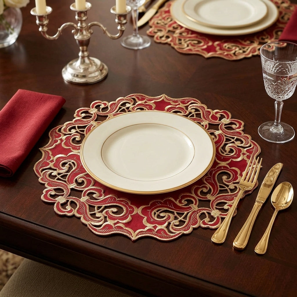 Crimson Glow – Burgundy Gold Table Doilies, Granada Collection Elegant Home Décor 15 inch