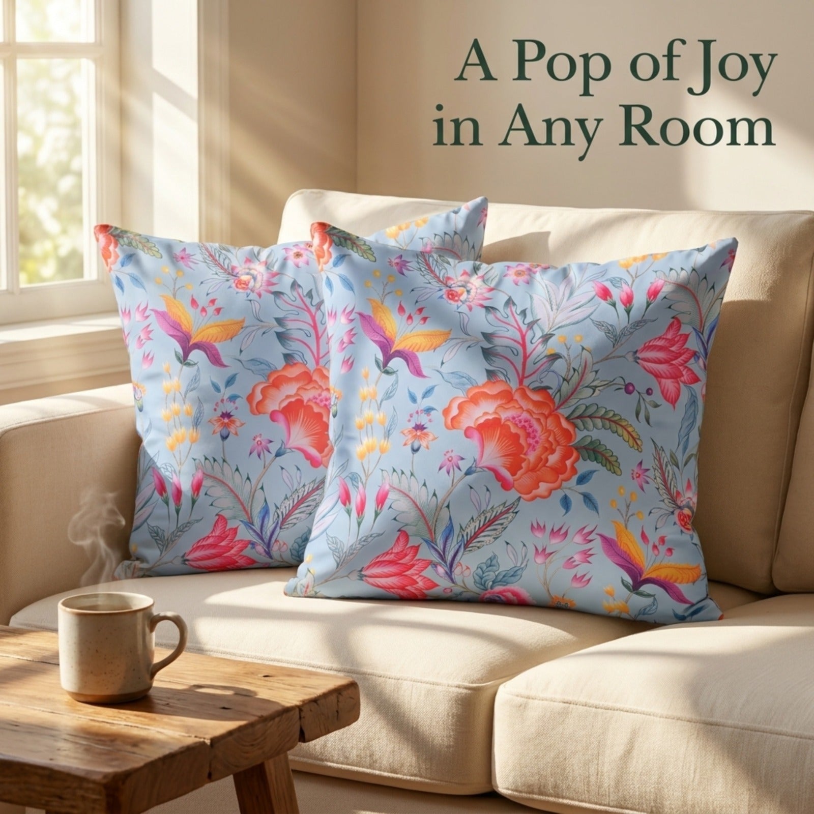 Floral printed throw pillow cover in 20x20 inches with vibrant flower designs, model CC-9700-A-4, on a cozy sofa.