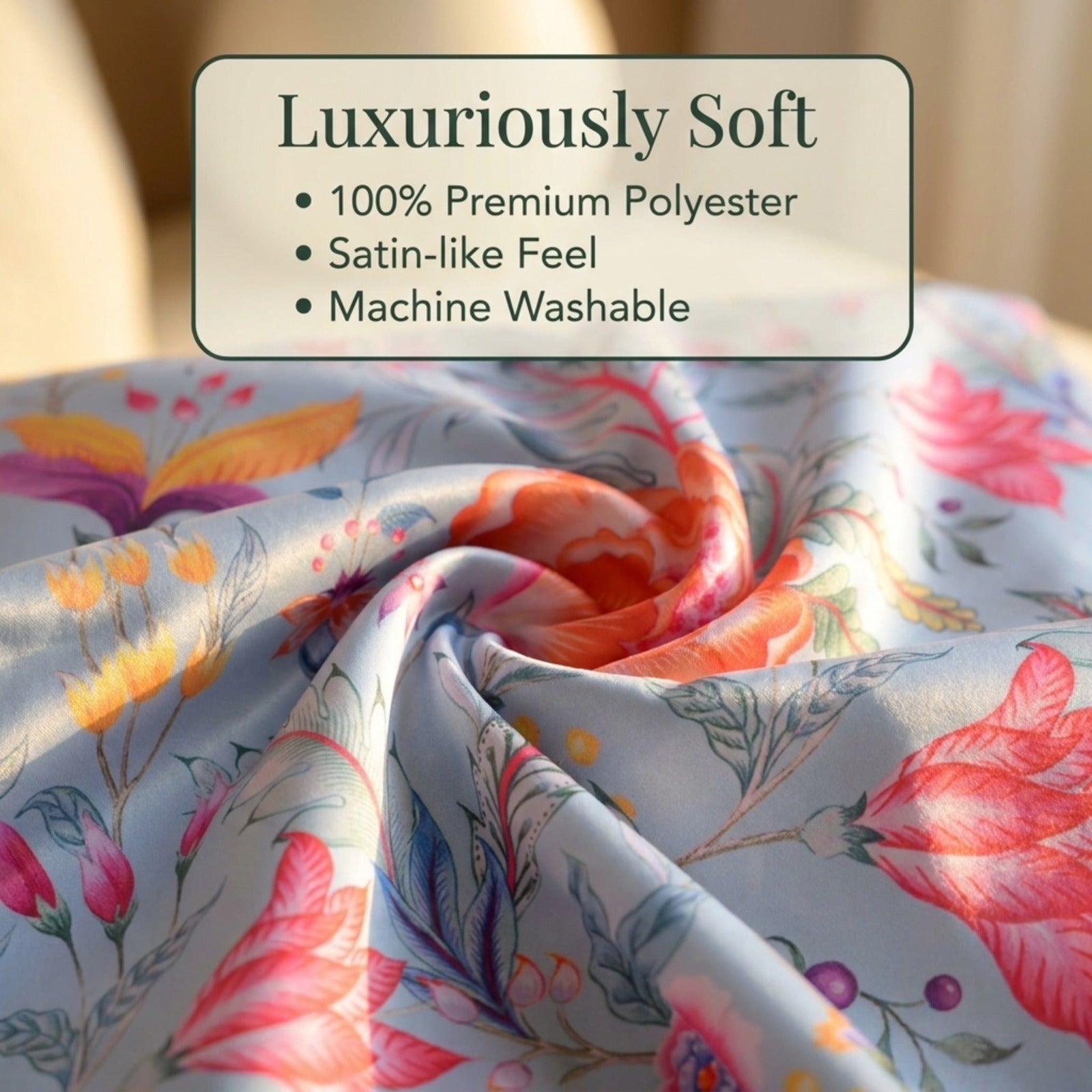 Floral printed throw pillow cover from CC-9700-A-4, 20x20 inches, featuring colorful flower patterns on fabric.