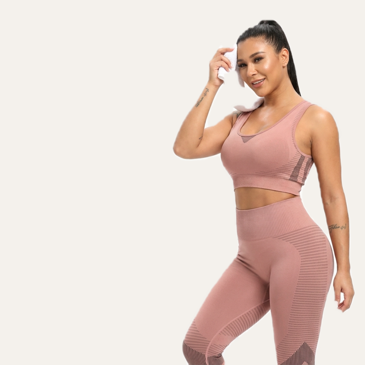 Yogazen Women's Seamless Crop Tank 2-Piece Workout Set – Pink/Brown