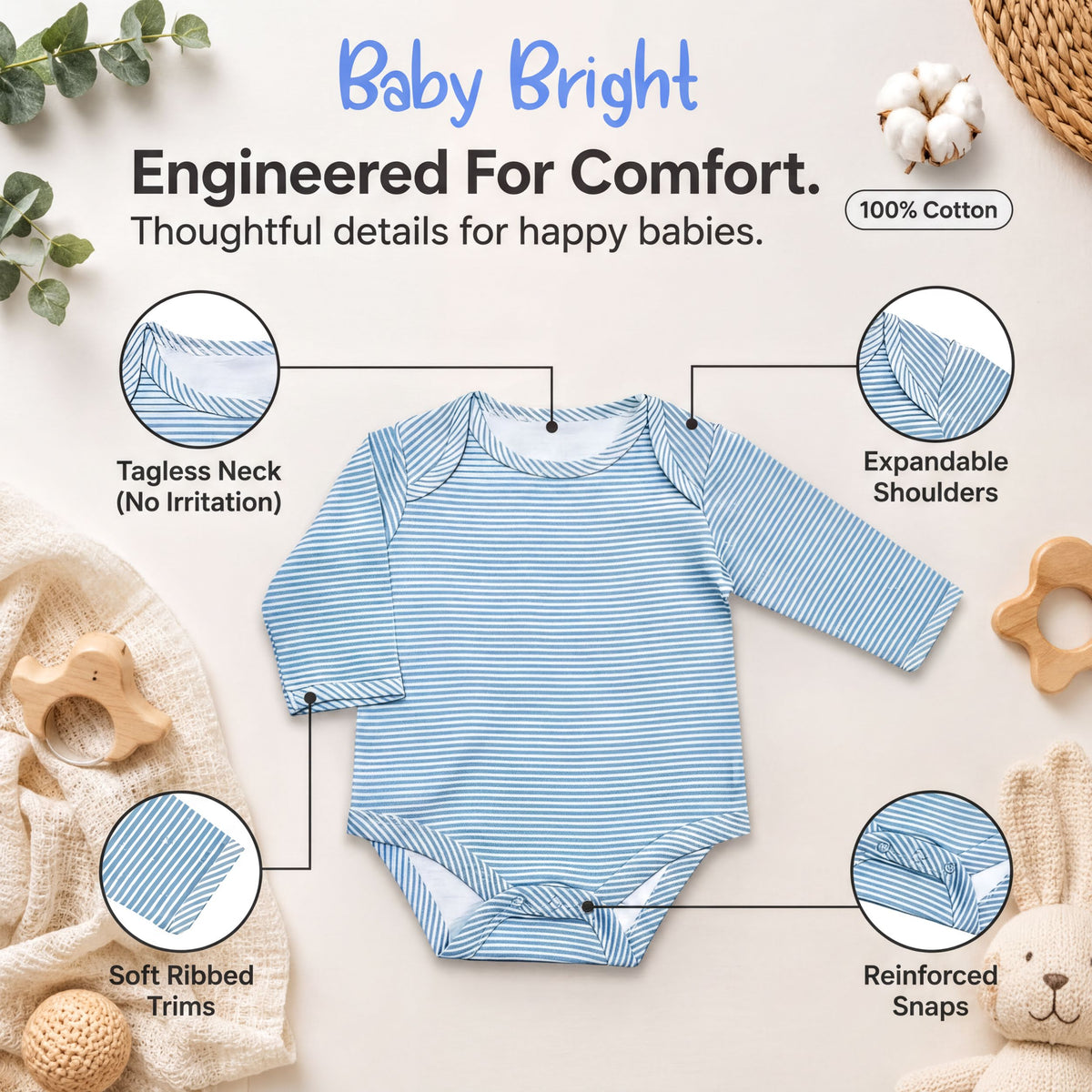 The image is an advertisement for a baby outfit, specifically a blue and white striped onesie. It features a close-up view of the outfit, highlighting its features such as the tagless neck, expandable shoulders, soft ribbed trim, reinforced snaps, and 100% cotton material.