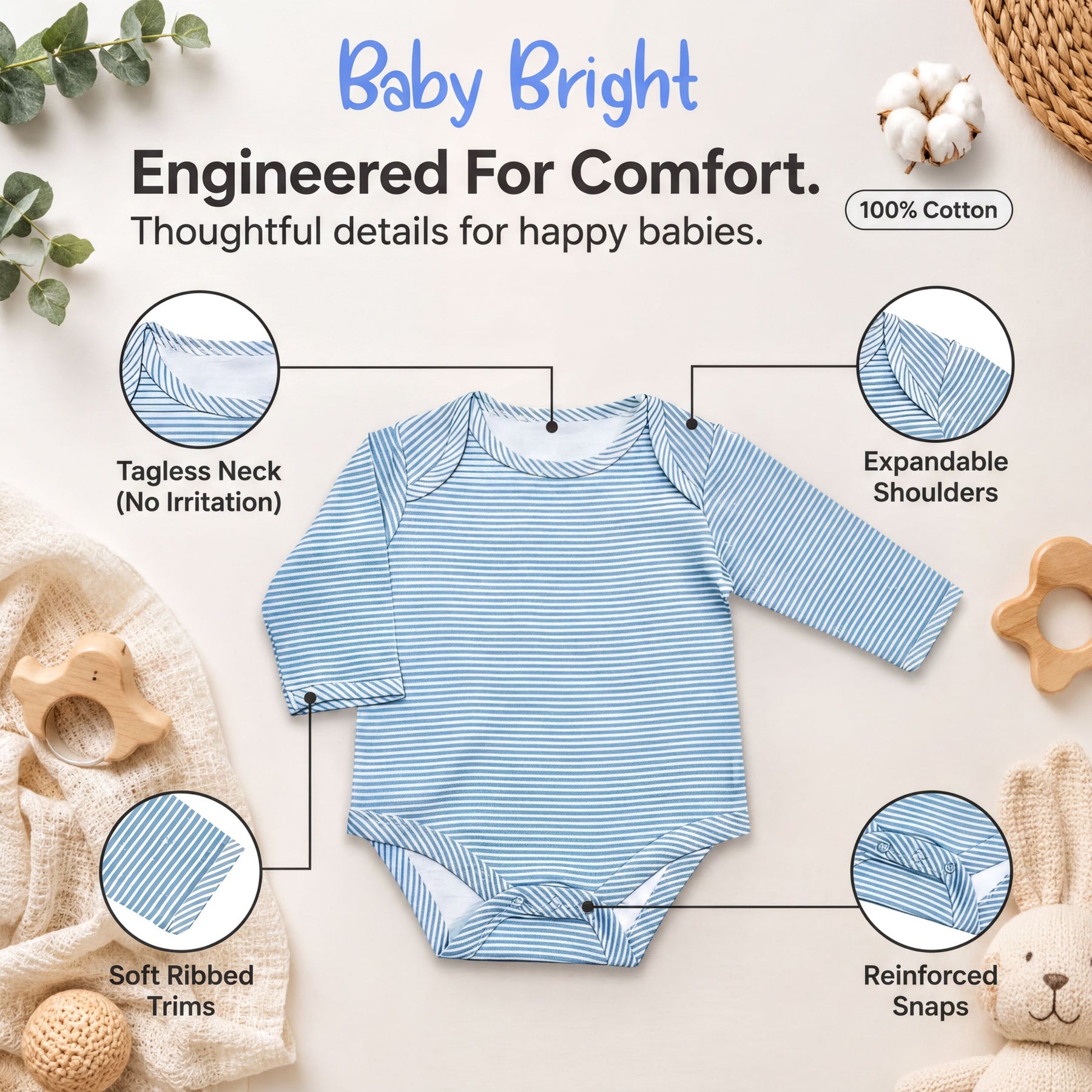 The image is an advertisement for a baby outfit, specifically a blue and white striped onesie. It features a close-up view of the outfit, highlighting its features such as the tagless neck, expandable shoulders, soft ribbed trim, reinforced snaps, and 100% cotton material.