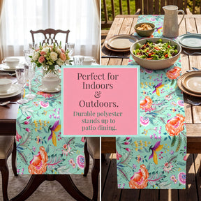 The image is a collage of two photos. The first photo shows a dining table set with a floral table runner, plates, glasses, and a vase of flowers. The second photo shows a table set with a salad and a bowl of soup, with a sign that reads "Perfect for Indoors & Outdoors. Durable polyester stands up to patio dining."
