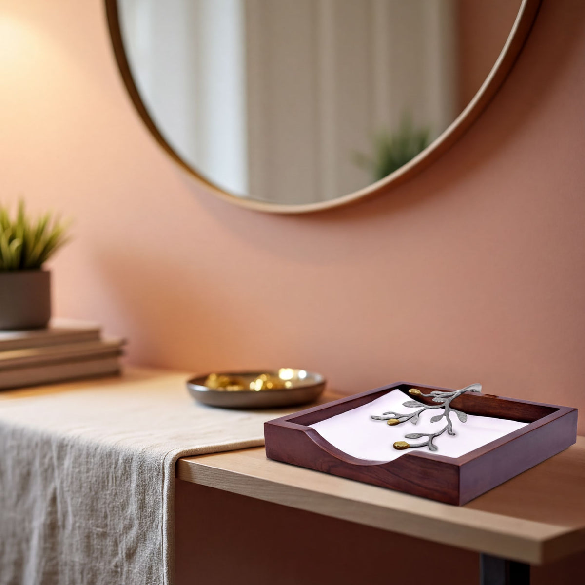 Solid wood napkin holder with silver and gold finish ornament, elegant napkin dispenser for dining or kitchen decor.