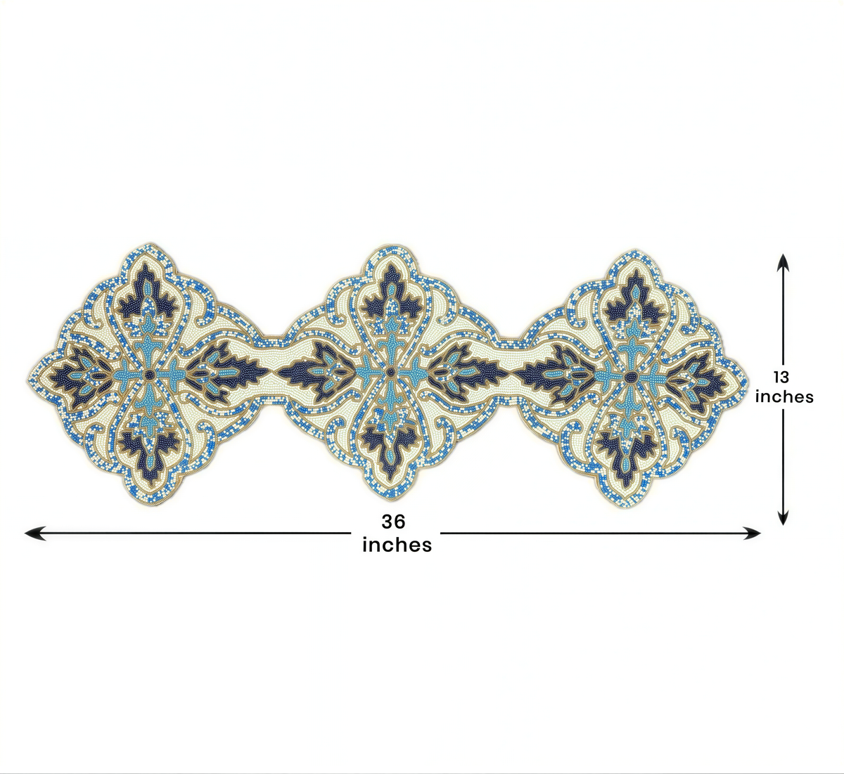 a decorative table runner with a floral pattern in shades of blue and white. The runner is approximately 36 inches long.